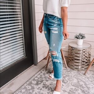 High-rise distressed mom jeans